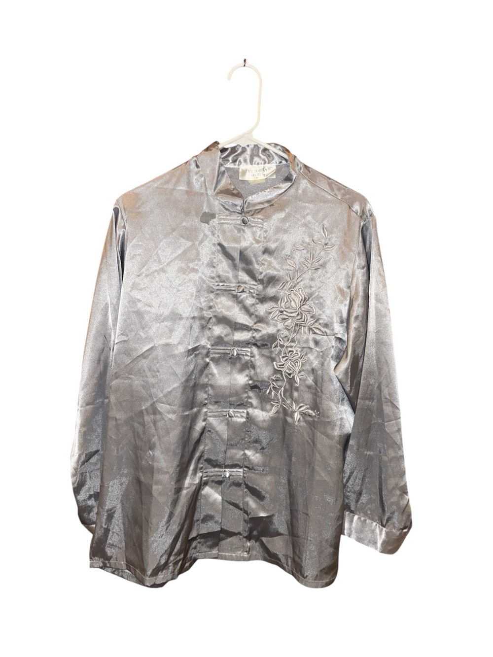 Victoria's Secret silver satin-finish Asian-style top Embroidered Detail M